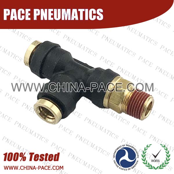 Male Branch Tee DOT Push To Connect Air Brake Fittings, DOT Push In Air Brake Tube Fittings, DOT Approved Brass Push To Connect Fittings, DOT Fittings, DOT Air Line Fittings, Air Brake Parts